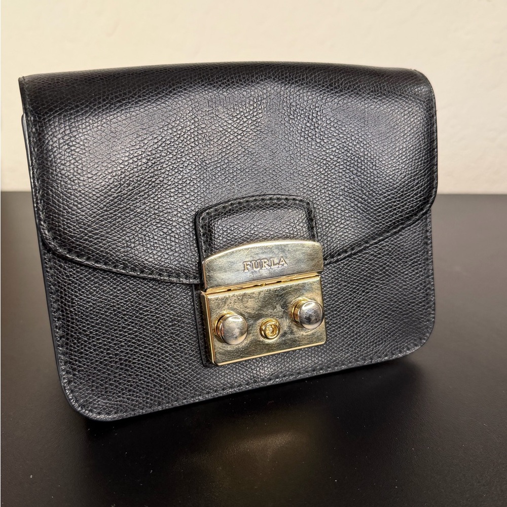 Black Furla Metropolis Mini Crossbody Bag Gold Hardware No Strap!